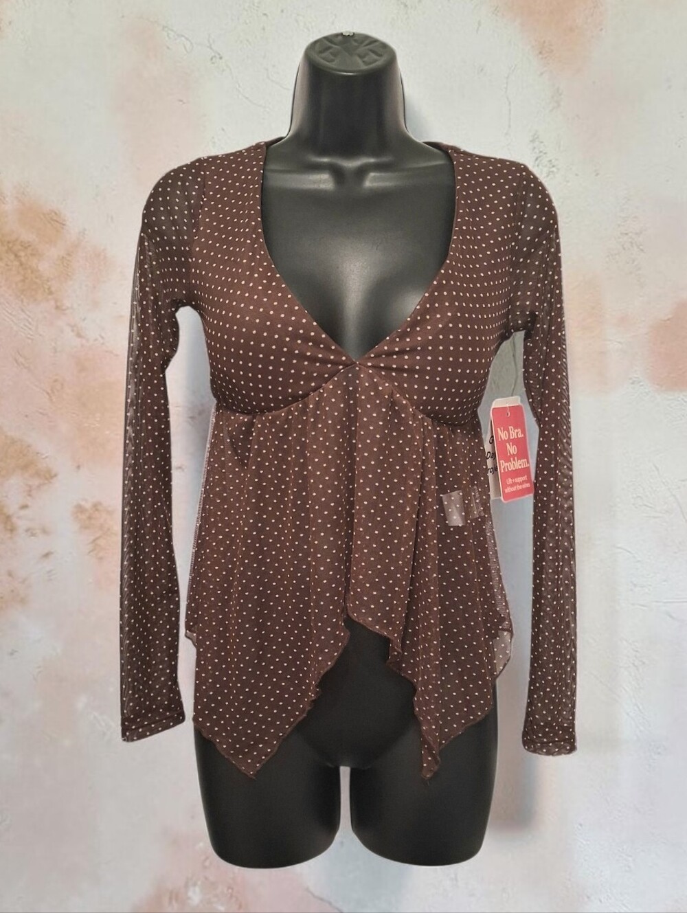 NWT Good Days Brown Polka Dot Top Sheer Bottom & Sleeves Womens Sz XS Boho Flowy